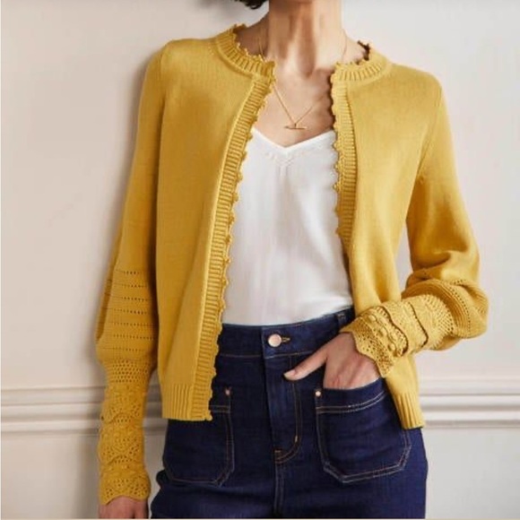 Boden Sleeve Detail Knitted Cardigan Butter Yellow Sweater Crochet Mid Hip Sz 4 - Picture 2 of 13